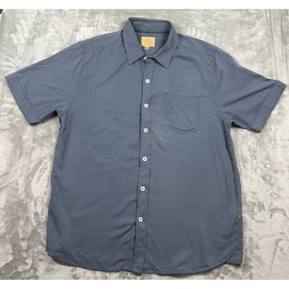 True Grit California Mens Large Blue Silk Cotton Herringbone Short Sleeve Shirt